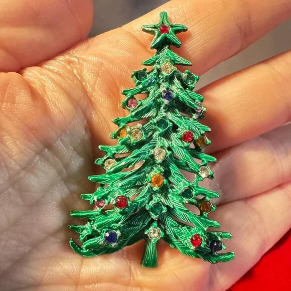 Green Enamel Christmas Tree Brooch with Multicolor Rhinestone Ornaments 2.5 inch - Picture 3 of 4